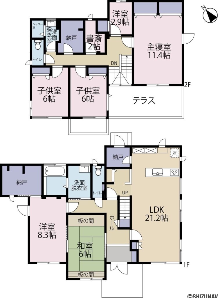 中河　間取り図の中古住宅5SLDK＋2S（LDK21.2帖・和室6.0帖・洋室8.3帖・納戸・主寝室11.4帖・洋室6.0帖・洋室6.0帖・納戸・書斎2.0帖・納戸2.9帖）