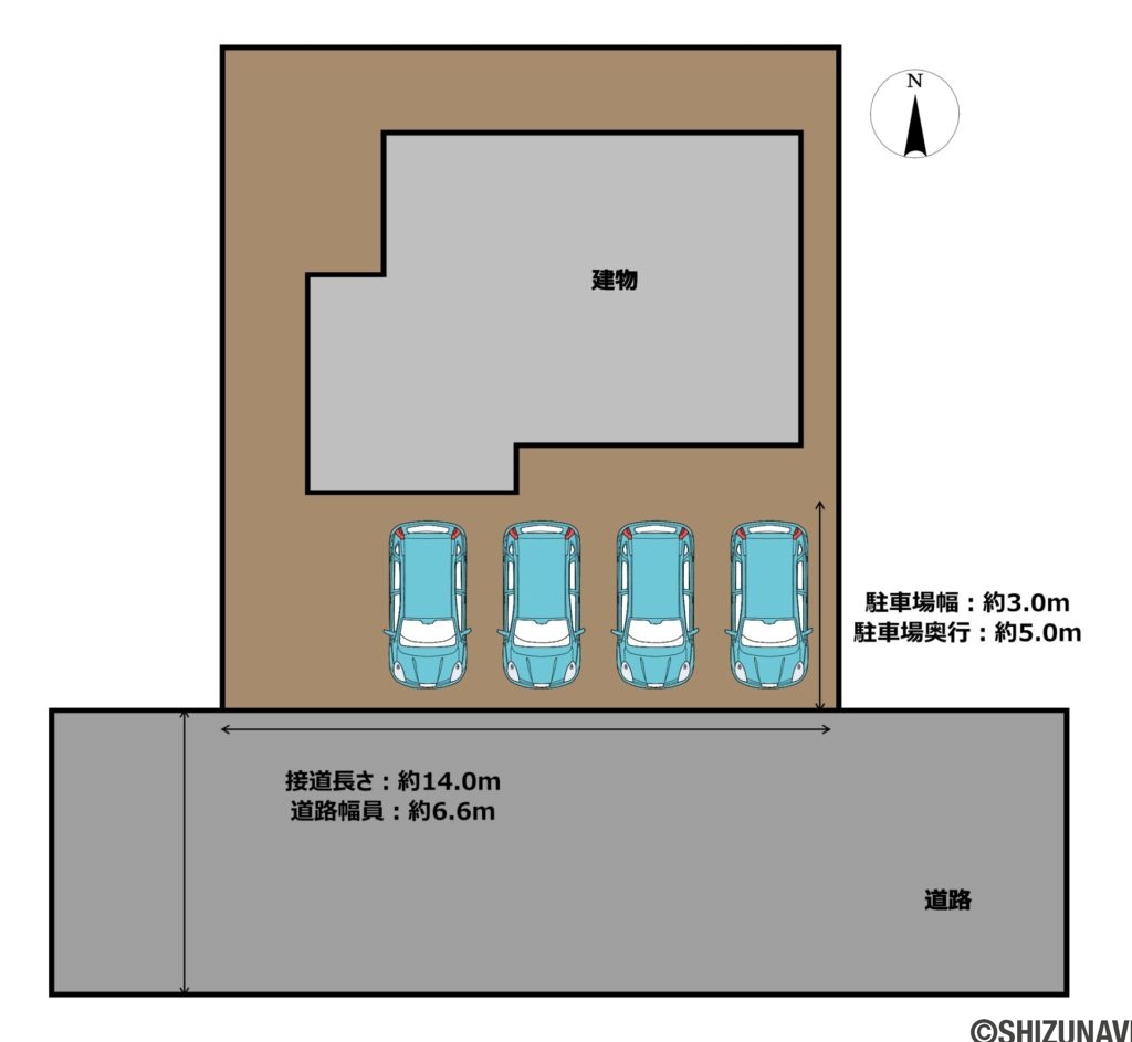 【リフォーム後区画図】駐車場の造成工事を行います。車種によっては並列4台駐車可能です。