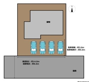 【リフォーム後区画図】駐車場の造成工事を行います。車種によっては並列4台駐車可能です。