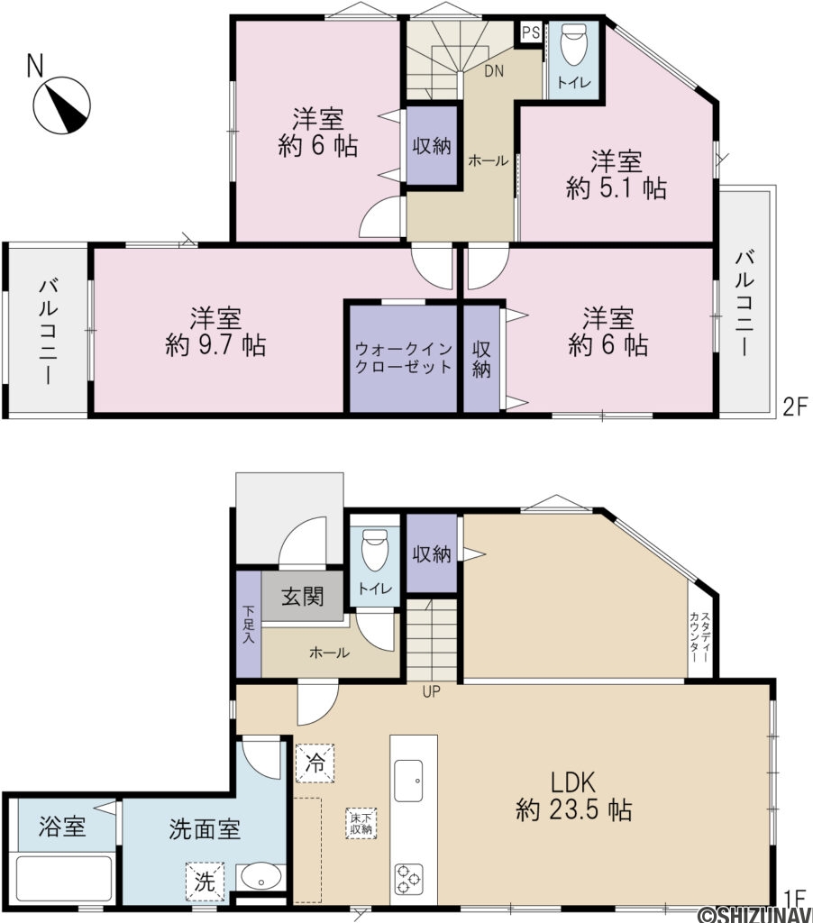 【2026.10完成予定】静岡市清水区西久保4期　4LDK　新築一戸建て　の4LDK（1階：LDK23.5帖
2階：洋室9.7帖、洋室6.0帖、洋室6.0帖、洋室5.1帖）の間取り図