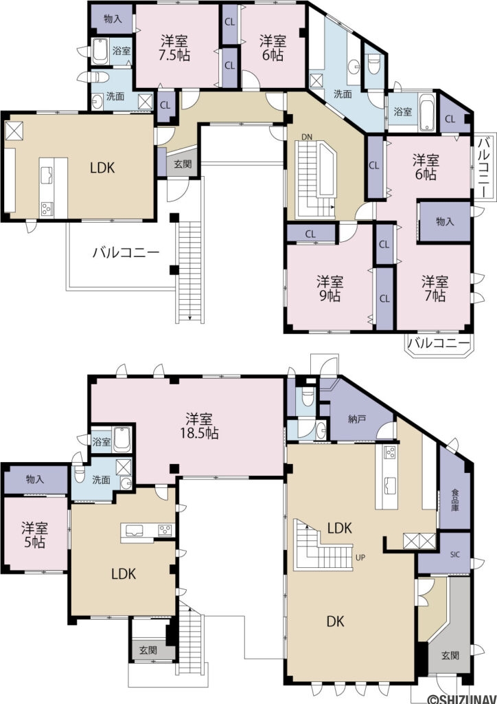 富士市天間　中古住宅　7LLLDDDKKK　三世帯向きの7LDK（7LLLDDDKKK）の間取り図