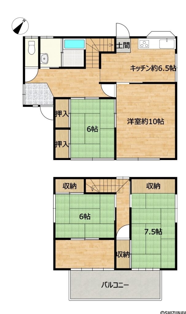 【現況販売】静岡市清水区草薙　4SDKの4SDK（1階：DK6.5帖、洋室10帖、和室6帖
2階：和室7.5帖、和室6帖）の間取り図
