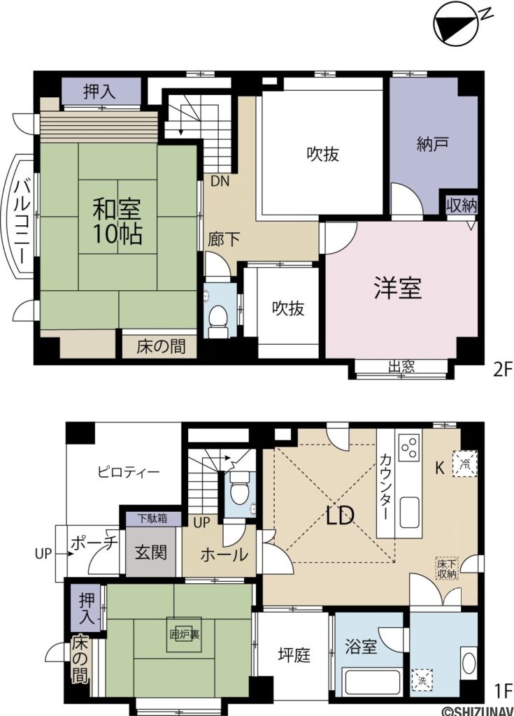 沼津市東間門　3LDK+納戸　中古住宅の3LDK＋S（LDK・和室6帖、和室10帖、洋室、納戸）の間取り図