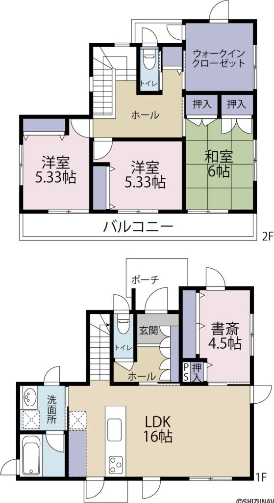 一条工務店施工のオール電化中古住宅の4LDK＋S（LDK:約16帖　書斎：約4.5帖　和室：約6帖　洋室：約5.33帖　洋室：約5.33帖）の間取り図