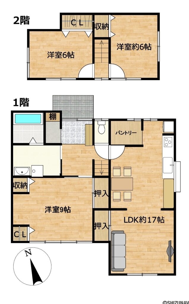 【リフォーム後間取図（予定）】3LDKの住宅です。各居室にクローゼットに加えて、キッチンパントリーや玄関シューズクロークなどもあり、収納力が高い住宅となっております。