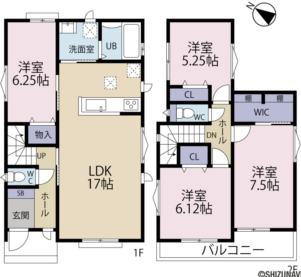 【2026.9完成予定】静岡市駿河区中島　新築一戸建て　の4LDK（1階：LDK17帖、洋室6.25帖
2階：洋室7.5帖、洋室6.12帖、洋室5.25帖）の間取り図