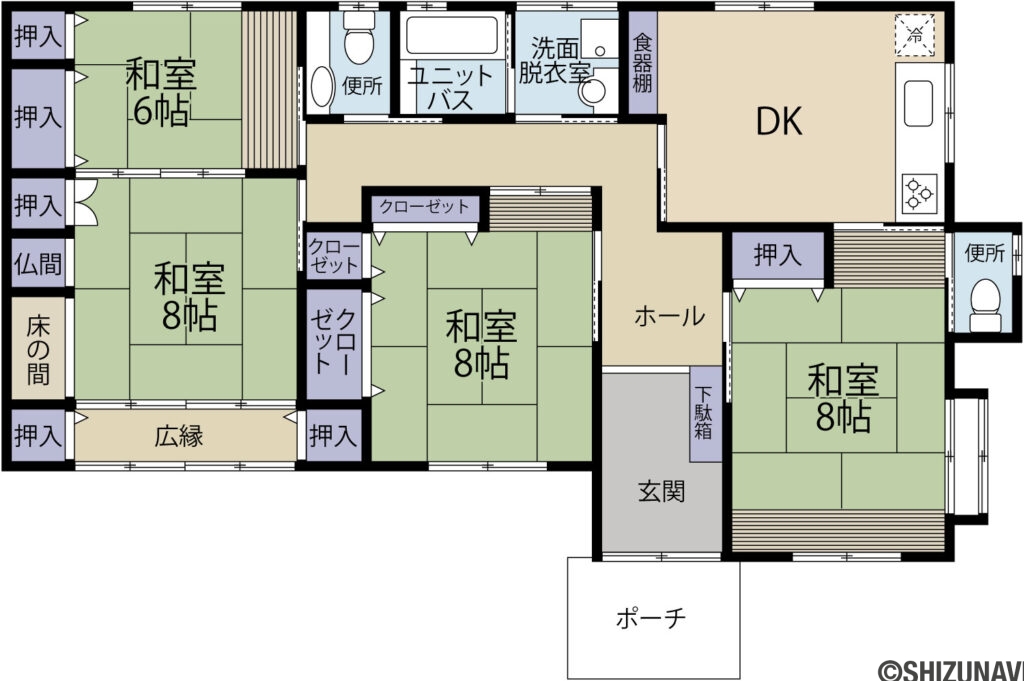 浜松市中央区下江町　中古住宅　バリアフリー平屋　4DK　敷地広々150坪超　線引き前宅地　即案内可能の画像