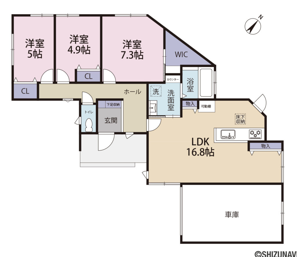 富士宮市大岩　新築平屋　富士山眺望の3LDK（LDK：16.8帖　洋室：5帖　洋室：4.9帖　洋室：7.3帖　）の間取り図