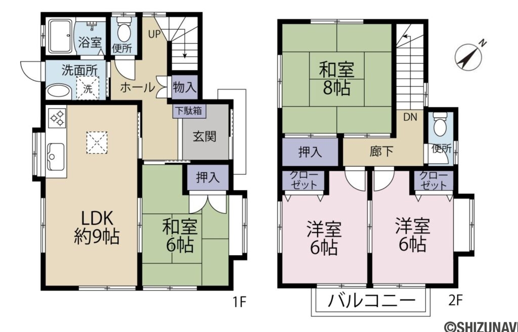 【駿河区中野新田】インター通りへのアクセス良好☆の4LDK（1階：LDK9帖、和室6帖
2階：和室8帖、洋室6帖×2（ロフト付））の間取り図