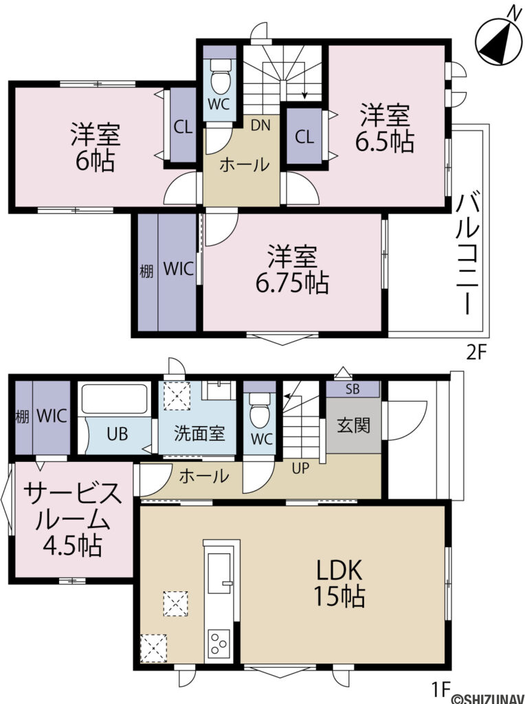 【2026.10完成予定】静岡市葵区北番町　新築一戸建て　の4LDK（1階：LDK15帖、S4.5帖
2階：洋室6.75帖、洋室6.5帖、洋室6帖）の間取り図