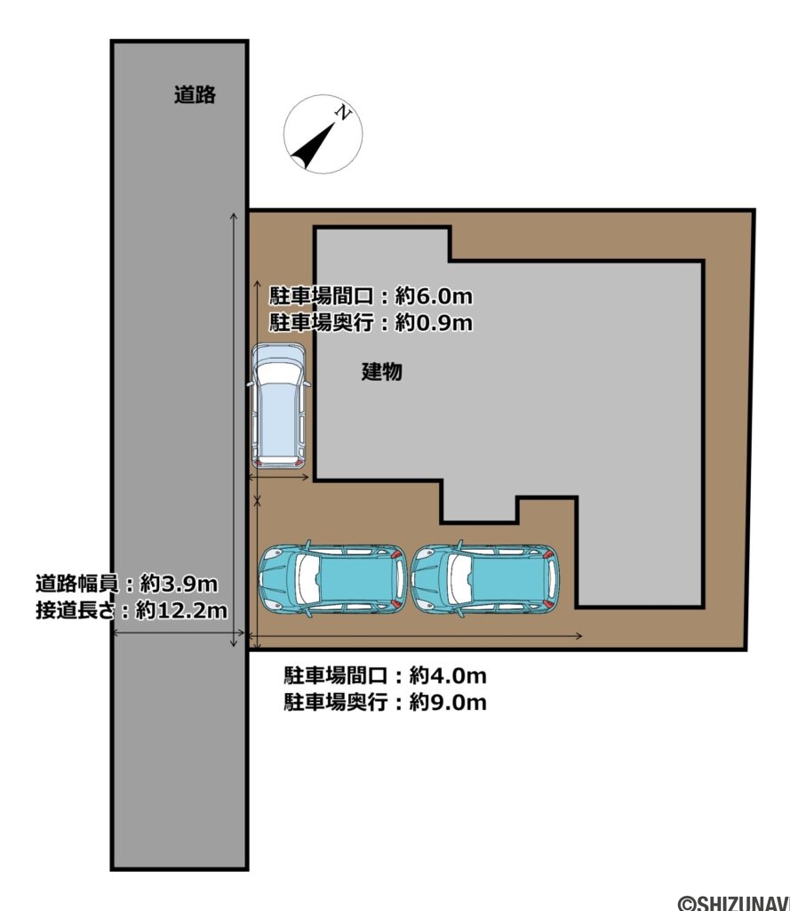 【区画図】車種によっては3台駐車可能となります。来客時の駐車スペースにも困りません。