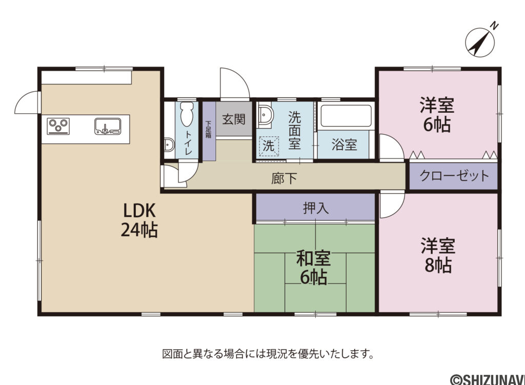 浜松市中央区村櫛町　RC造　平屋中古戸建の3LDK（LDK：24帖
和室：6帖
洋室：８帖、6帖）の間取り図