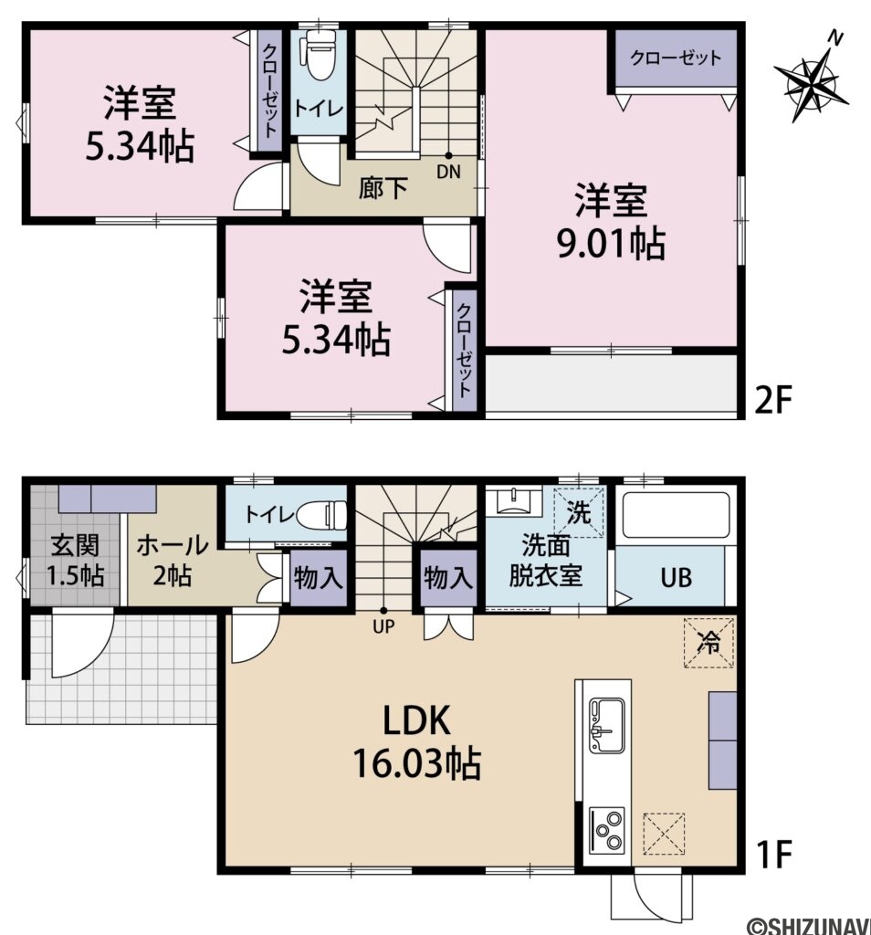 富士市五貫島　富士市立南小学校・南中学校区の3LDK（リビングダイニングキッチン約16.03帖・洋室約9.01帖・洋室約5.34帖・洋室約5.34帖）の間取り図