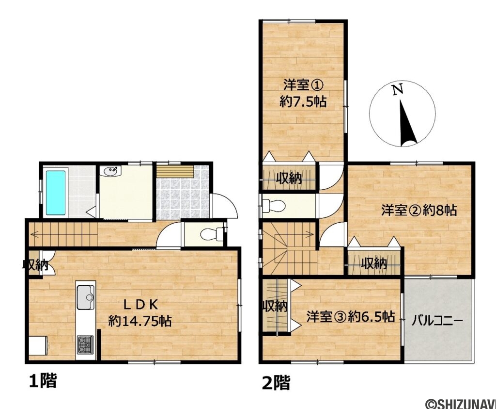 浜松市中央区市野町　中古住宅の中古住宅3LDK（リビングダイニングキッチン約14.75帖、洋室①約7.5帖、洋室②約8帖、洋室③約6.5帖）