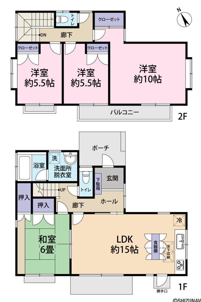 三島市錦が丘　中古戸建の4LDK（LDK：約15.0帖　洋室：約10.0帖　約5.5帖　約5.5帖　和室：6.0畳）の間取り図