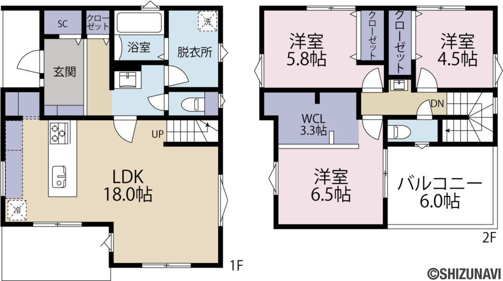 ★長期優良住宅★【2026.8月完成】沼津市岡宮2期1棟　新築戸建ての3LDK（1階
LDK18帖・シューズインクローク・パントリー
2階
洋室4.5帖・洋室5.8帖・洋室6.5帖
ウォークインクローゼット3.3帖・バルコニー6帖
）の間取り図