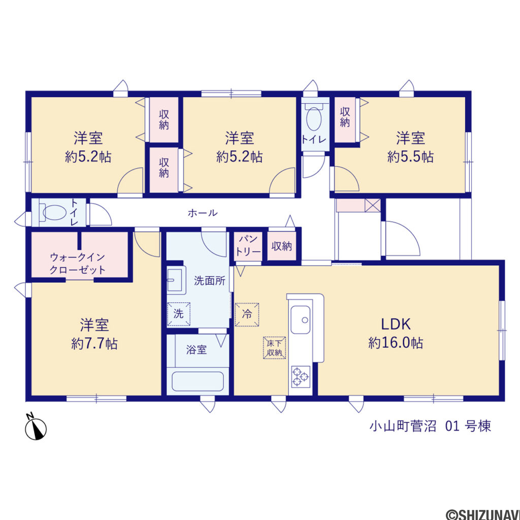 【新築平屋建４LDK】リーブルガーデン小山町菅沼１号棟の4LDK（LDK(約16帖)・洋室(約7.7帖)(約5.5帖)(約5.2帖)・ウォークインクローゼット・パントリー）の間取り図