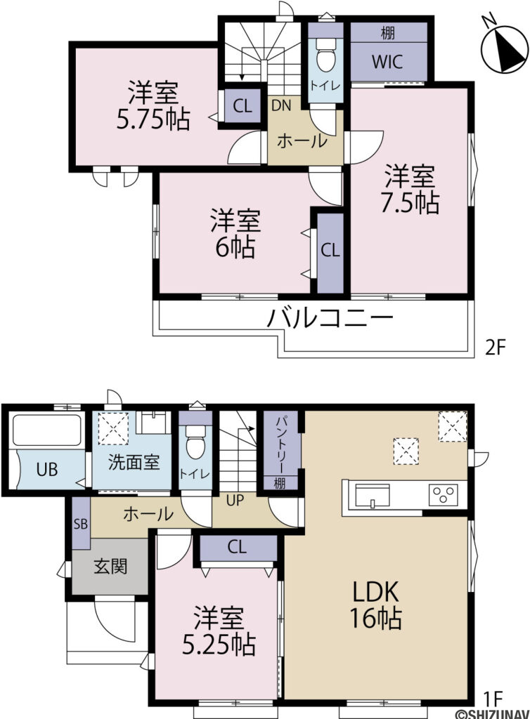 ハートフルタウン　沼津市下香貫2092番　4LDKの4LDK（LDK：16帖
洋室：5.25、5.75、6.0、7.5帖）の間取り図