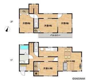 【リフォーム後間取図】2階建て4LDKの住宅です。2階にトイレを新設し、和室は洋室へとリフォームすることで、現代のライフスタイルに合わせた住空間へ生まれ変わります。