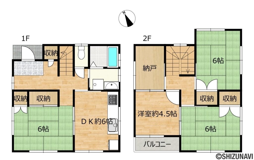 葵区弥勒　間取図の中古住宅4SDK（1階・・・DK約6帖、和室6帖
2階・・・洋室約4.5帖、和室6帖、和室6帖、納戸）