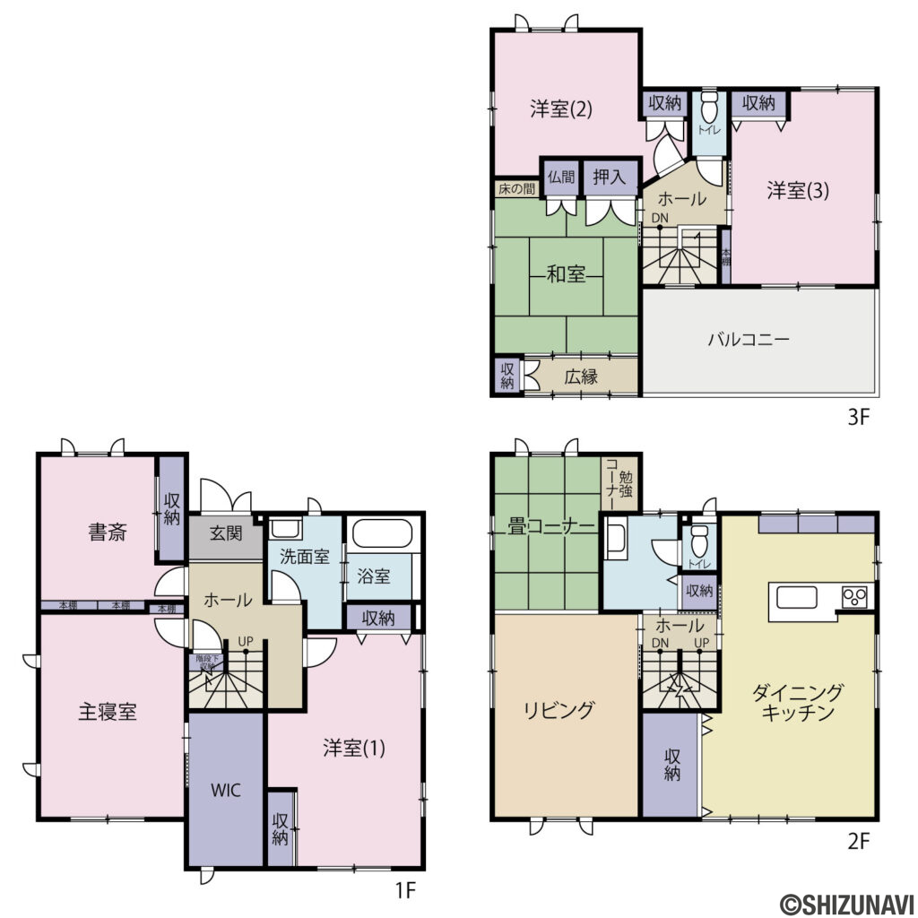 浜松市中央区早出町　中古住宅の中古住宅6LDK（1階　洋室（1）、主寝室、書斎
2階　リビング、畳コーナー、ダイニングキッチン
3階　洋室（2）、洋室（3）、和室）