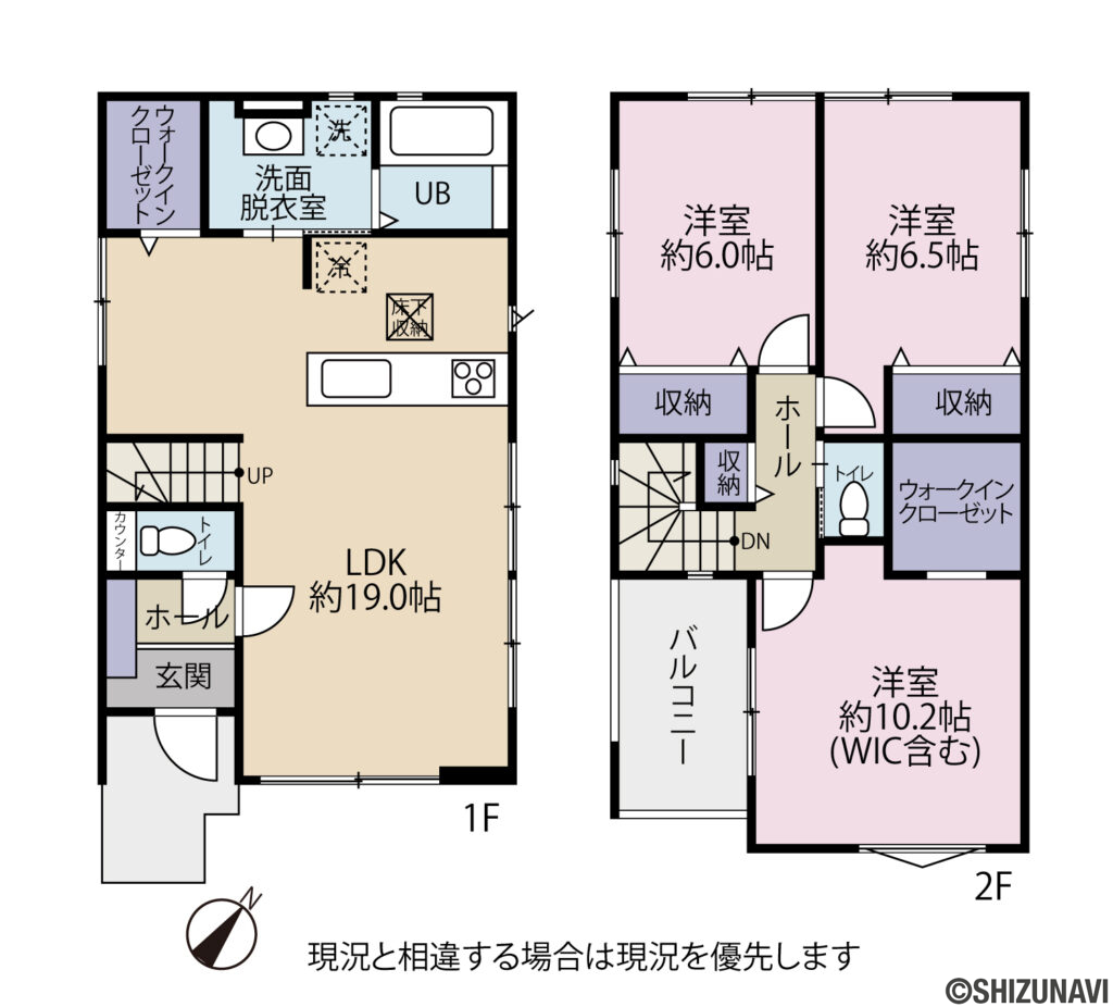 静岡市駿河区小鹿11期　3LDK　新築一戸建て　の3LDK（1階：LDK19.0帖
2階：洋室10.2帖、洋室6.5帖、洋室6.0帖）の間取り図