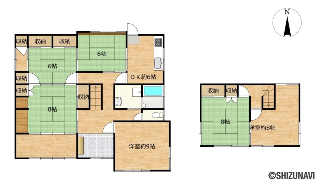 掛川市家代　中古住宅の中古住宅6DK（ダイニングキッチン約6帖、洋室約9帖・約8帖、和室8帖・8帖・6帖・6帖）