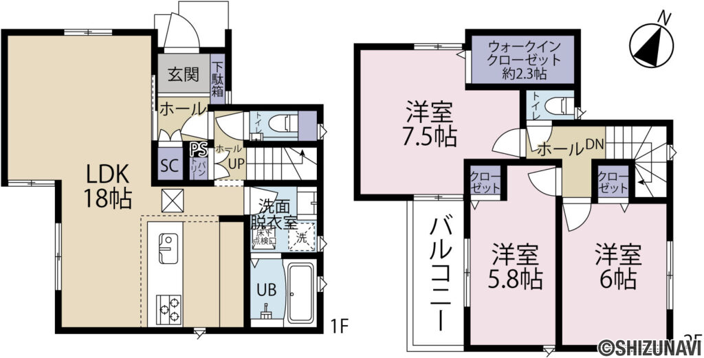 清水区浜田町　中古住宅の3LDK（LDK18帖、洋室7.5帖、洋室5.8帖、洋室6.0帖）の間取り図